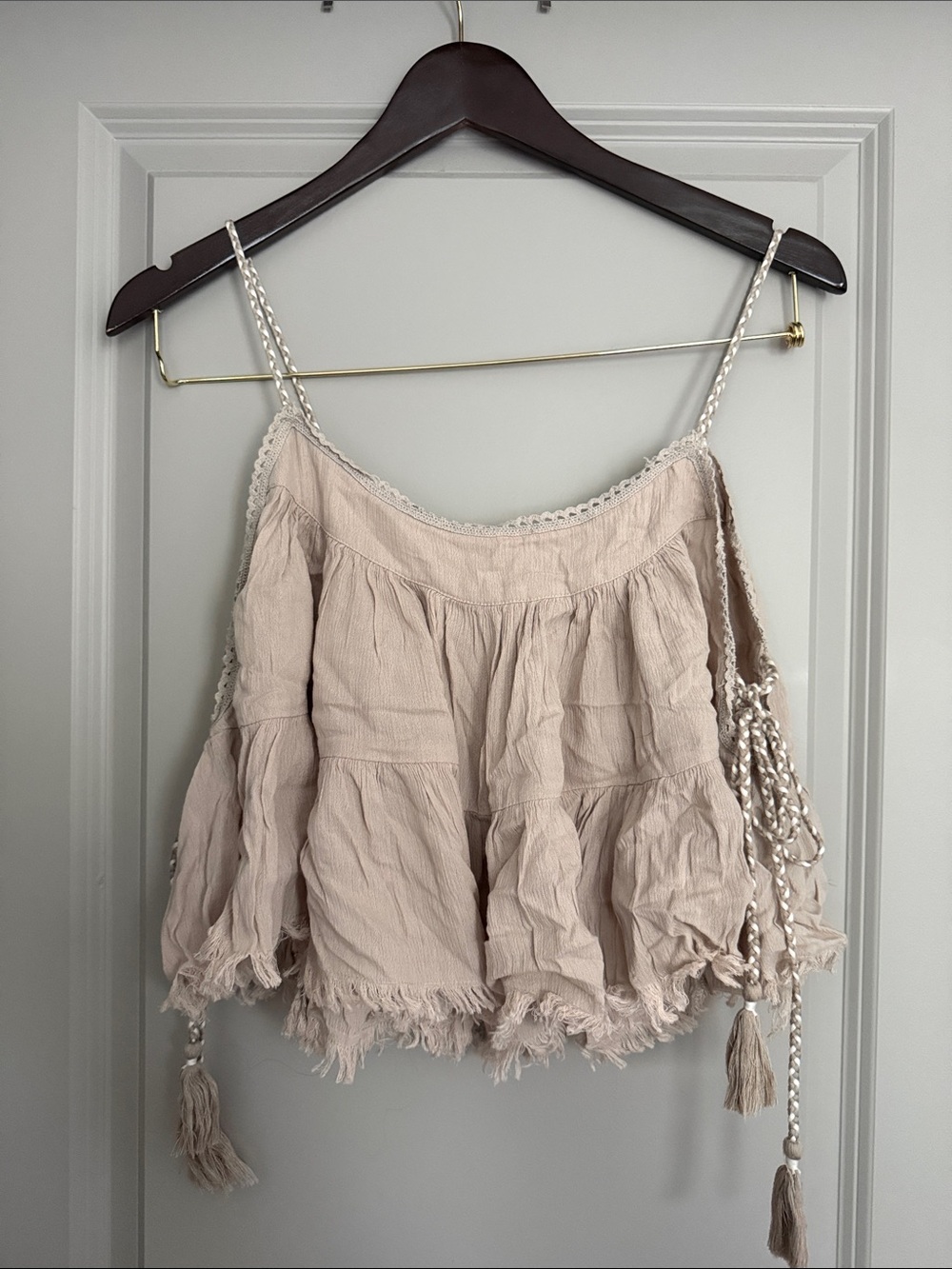 aerie beige cotton viscose Boho Tassel Spaghetti Strap Camisole